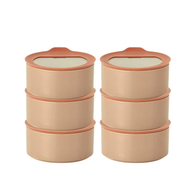 6 Set FIKA One Kitchen Ceramic Round Food Container Set with Glass Lid, Porcelain Prep, Mixing & Serving Bowls, Microwave, Oven & Dishwasher Safe Storage, Home Deco Canister (600ml / 0.63qt / 20oz)