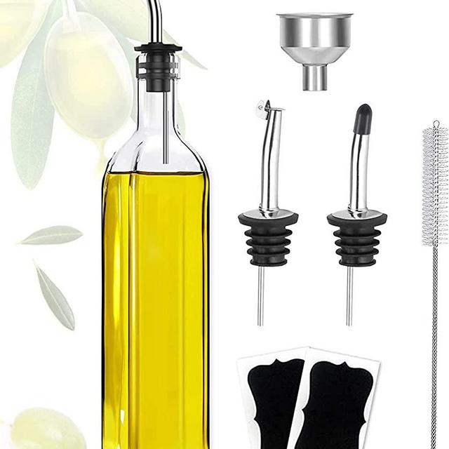 Showvigor Olive Oil Dispenser Bottle, Oil and Vinegar Cruet Bottle 500 ml/17 oz, Square Tall Glass Oil Container with 2 Stainless Steel Pourers, 2 Labels,1 Brush and 1 Funnel Oil Bottles for Kitchen