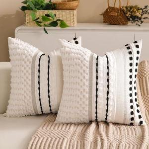 Boho Chenille Tufted Couch Throw Pillow Covers 18x18 Inch Set of 2 Farmhouse Striped Decorative Pillow Covers Accent Neutral Pillowcase Black Cushion Cover for Living Room Sofa Bed