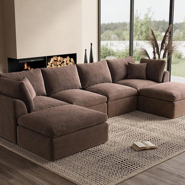 ohllob Oversized Cloud Sectional Couches for Living Room, Boneless U Shaped Couch with Ottoman, 4 Seater Modular Sectional Sofa, Brown
