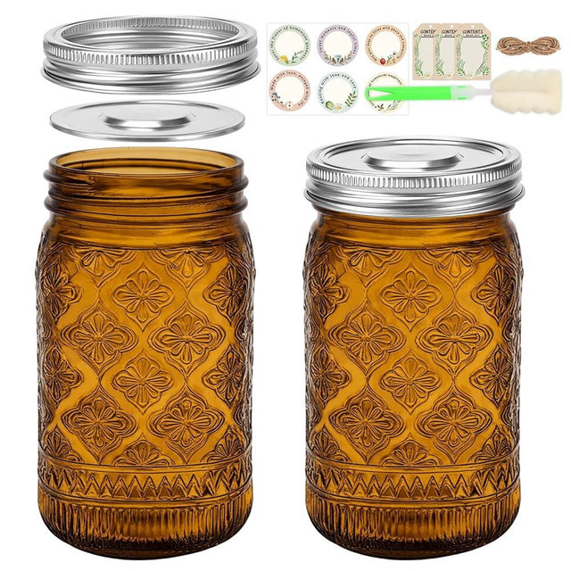 32 oz Amber Mason Jars with Stainless Steel Leakproof Lids, 2 Pack Wide Mouth Colored Glass Jars for DIY Crafts, Wedding Centerpieces, Home Decor, Flower Vase, Bathroom Storage