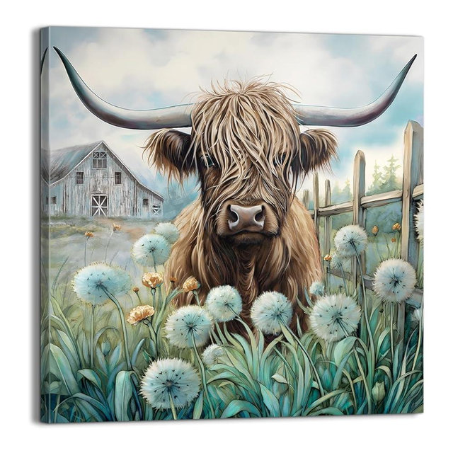 YUEYARIT Farmhouse Highland Cow Wall Decor in Teal and Brown: Rustic Cow and Dandelion picture Canvas Art Print, Gift for Bathroom or Kitchen, Ideal Animal Artwork for Living Room