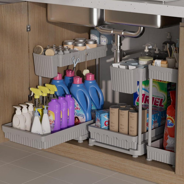 Sevenblue 3 Pack Multi-Purpose Under Sink Organizers and Storage, 2026 L-Shaped Pull Out Cabinet Organizer for Bathroom & Kitchen, Under Cabinet Organizer with Hooks Hanging Cup (Grey, 12.85 inch)