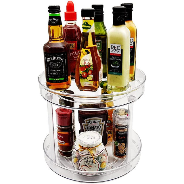 2 Tier Large Lazy Susan RotatingTurntable Container for Kitchen, Pantry, Cabinet, Dresser - Clear Food Storage Tray Spinning Organizer for Condiments, Spices, Tins, Snacks (11")