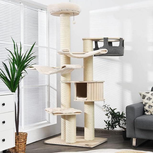 Tangkula Modern Cat Tree, Multi-Level Large Cat Tower w/Cat Condo, Hammocks & Hanging Basket, Tall Cat Tree w/Sisal Posts, Washable Cushions, Wood Cat Trees and Towers for Indoor Large Cats