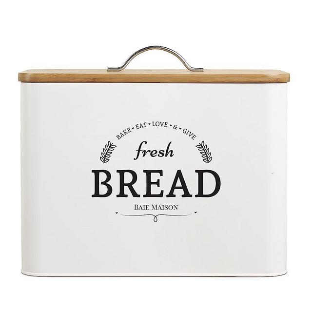 Extra Large White Farmhouse Bread Box for Kitchen Countertop - Breadbox Holder Fits 2+ Loaves - Bread Storage Container Bin - Rustic Bread Keeper Vintage Metal Kitchen Decor (White with Wood Lid)