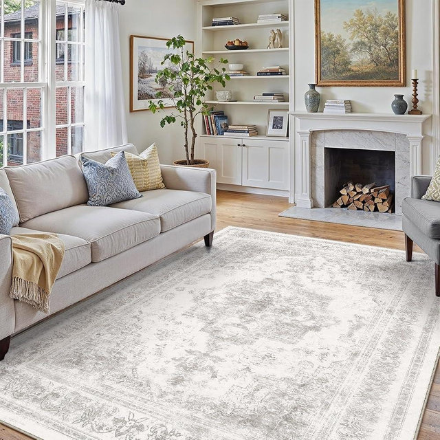 PureCozy Washable Rug 8x10 Area Rug for Living Room Light Gray Vintage Boho Medallion Large Grey Distressed Retro Carpet Non Slip Indoor Low Pile Small Soft Bedroom Dining Room Home Office
