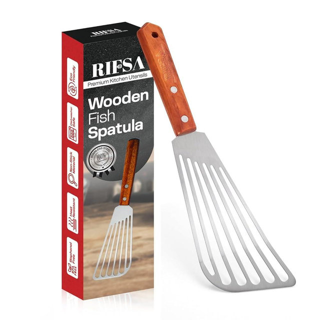 Fish Spatula Stainless Steel - 6 Slotted Elegant Silver Fish Turner Spatula - Metal Fish Spatula with 6.5 inch Blade & Ergonomic Wooden Handle - Ideal for Home and Professional Chefs
