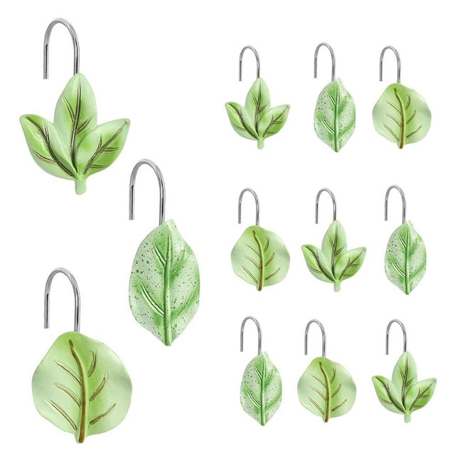 AmaAccess 12PCS Leaves Shower Curtain Decor Hooks, Sage Green Plant Eucalyptus Leaf Stainless Steel Hooks Cute Shower Curtain Rings Boho Bathroom Accessories