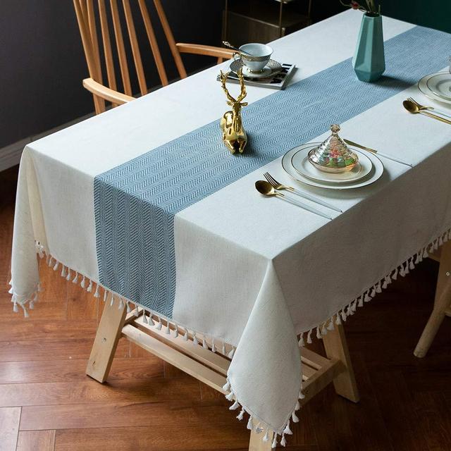 TEWENE Table Cloth, Cotton Linen Tablecloths Wrinkle Free Tablecloth Rectangle Table Cloths Tassle Table Clothes for Rectangle Tables, Kitchen, Dining, Outdoor Table(55''x102''/8-10 Seats/Blue)