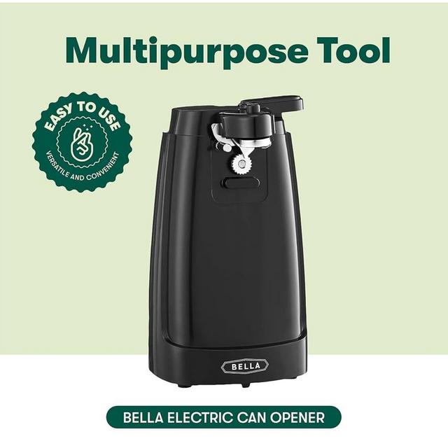 BELLA Electric Can Opener and Knife Sharpener, Multifunctional Jar and Bottle Opener with Removable Cutting Lever and Cord Storage, Stainless Steel Blade, Black