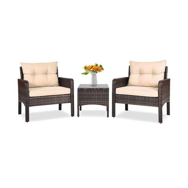SUGIFT 3 Pieces Outdoor Patio Rattan Conversation Set with Seat Cushions