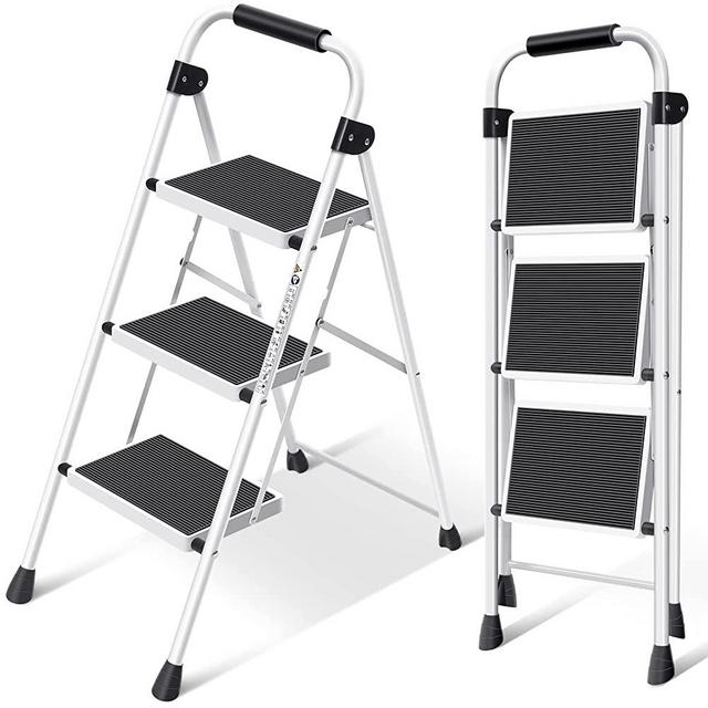KINGRACK Step Ladder 3 Step Folding,3 Step Ladder with with Anti-Slip and Wide Pedal,Portable Foldable Step Ladder with Handgrip,Tall Sturdy Step Ladder for Home Kitchen Household,White