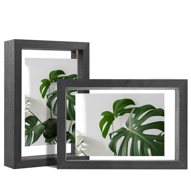Egofine 4x6 Floating Frames Set of 2, Double Plexiglass Picture Frame, Made of Solid Wood Display Any Size Photo up to 4x6, Wall Mount or Tabletop Standing, Faded Black