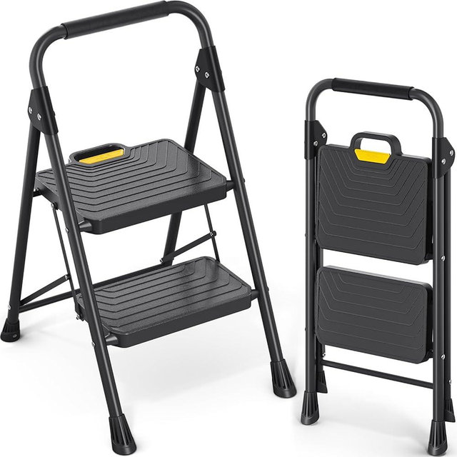 KINGRACK 2 Step Ladder, Sturdy Steel Step Stool with Handrail, Anti-Slip Wide Pedals, Safe-Lock Design, Pass 800lbs Load Testing, Portable Folding Ladder for Multi-Purpose, Home, Kitchen, Black