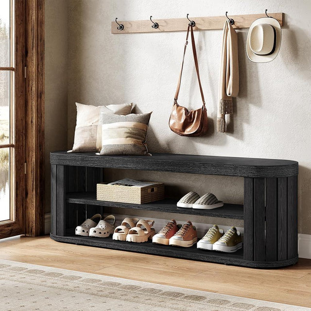 Tribesigns 47.2" Wooden Entryway Bench with 2-Tier Shoe Storage, Farmhouse Dining Bench with Adjustable Foot Pads, End of Bed Stool for Bedroom, Hallway, Living Room, Dining Room, Black