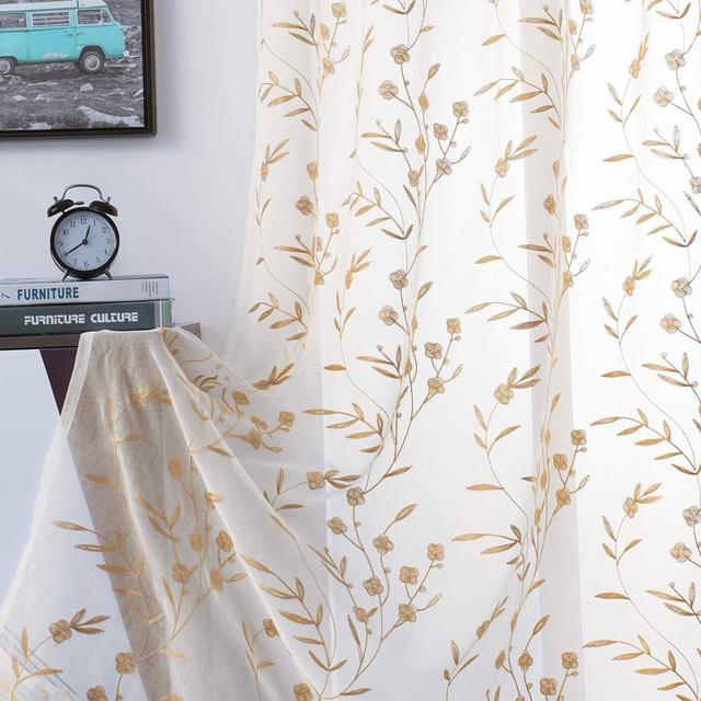Sheer Curtains Floral Embroidery Beige 84 Inch Long Rod Pocket Lace Drapes for Living room, Bedroom, 2 Panels, 52"x84", Semi Voile Pattern Outdoor Window Treatment Sets for Yard, Patio, Villa, Parlor.