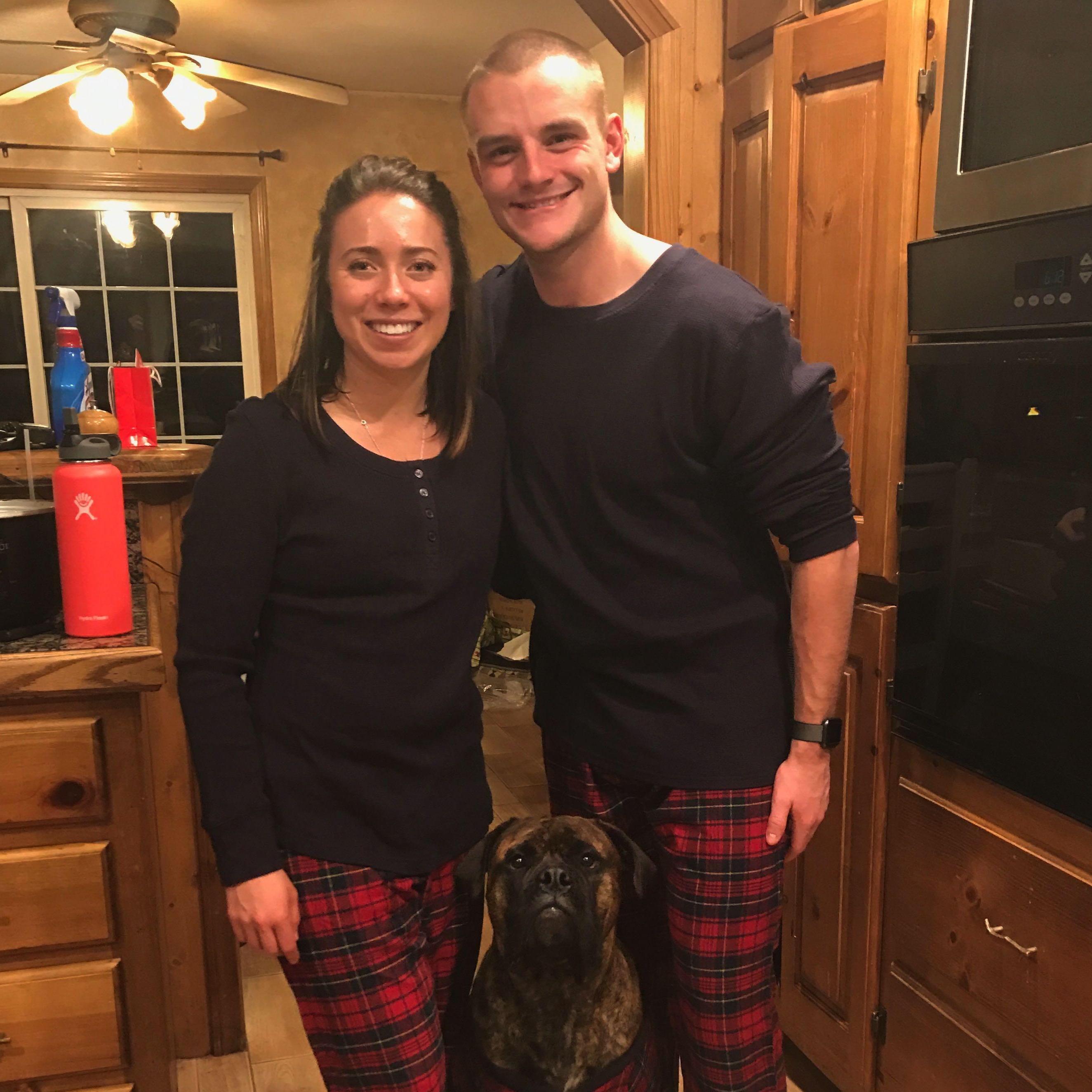 First family photo with Leia in matching pajamas.