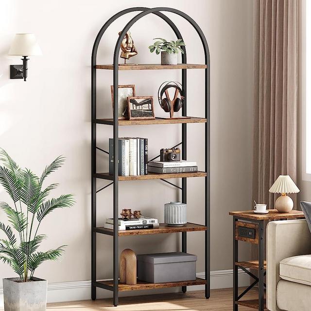 IDEALHOUSE Bookshelf 5 Tier Bookcase Arched Display Racks Tall Standing Bookshelves Mental Frame Rustic Storage Rack Shelf Brown Book Shelf for Bedroom, Living Room, Home Office, Rustic Brown