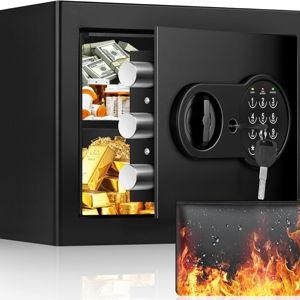 1.2 Cuft Small Safe Box, Money Safe with Removable Shelf, Fireproof Waterproof Bag and Programmable Keypad, Home Safe with Smart Alert and Wall Mount Kits for Money, Jewelry and Documents