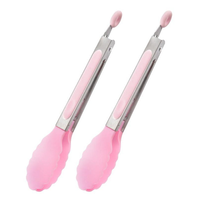 2 Pack Kitchen Tongs Set, 7 Inch Heat Resistant Silicone Tongs With Stainless Steel Silicon Handles And Nylon Tips, Non-Stick Mini Locking Food Tongs for Cooking Salad Grilling, Pink