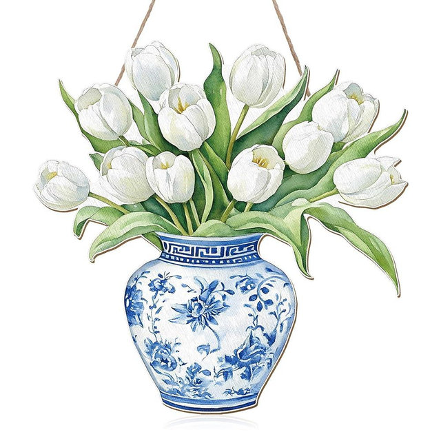 AceOrbit Chinoiserie Tulip Floral Wall Art 13.8 Inch Blue and White Chinoiserie Tulip Wall Decor Wooden Rustic Flower Hanging Sign Grand Millennial Decor for Front Door Home French Farmhouse Porch