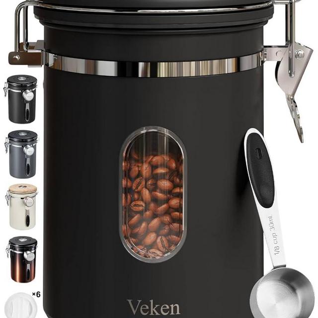 Veken Coffee Canister with Window, Airtight Stainless Steel Kitchen Food Storage Container with Date Tracker and Scoop for Grounds Coffee, Beans, Tea, Flour, Cereal, Sugar, 22OZ，Black