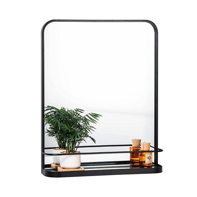 VASUHOME Black Bathroom Mirror with Shelf, Wall Mirror for Bathroom, Rectangle Mirror with Metal Frame Rounded Corner, 26.8" H x 21.3" W Wall-Mounted, Perfect for Living Room Bedroom Bathroom Entryway