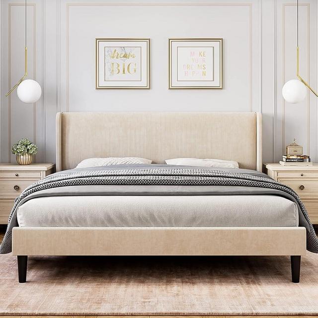 Assile Queen Bed Frame with Wingback & 2 Storage Pockets, Velvet Platform Bed with Upholstered Headboard, Solid Wood Slats Support, No Box Spring Needed, Noise Free, Beige