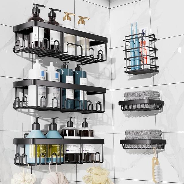 Veken Shower Caddy 6 Pack,Adhesive Bathroom Shower Organizer for Bathroom Storage&Home Decor&Kitchen,No Drilling,Large Capacity, Rustproof Stainless Steel Shower Shelves Rack for Inside Shower, Black