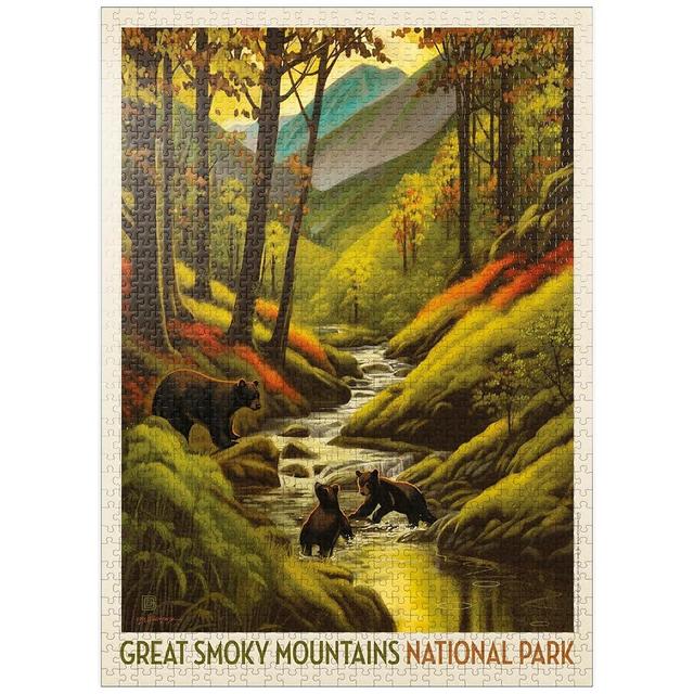 MyPuzzle Great Smoky Mountains National Park: Splashing Cubs, Vintage Poster - Premium 1000 Piece Jigsaw Puzzle for Adults