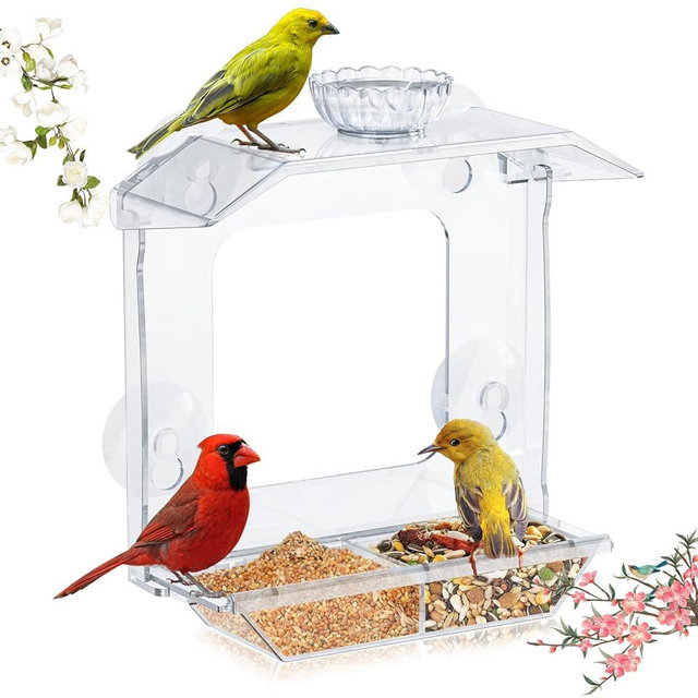 SVEDVK Clear Window Bird Feeder with Strong Suction Cups – Clear Bird Feeding Station with Dual Seed Tray & Water Bowl – Easy to Install and Clean for Outdoor Viewing