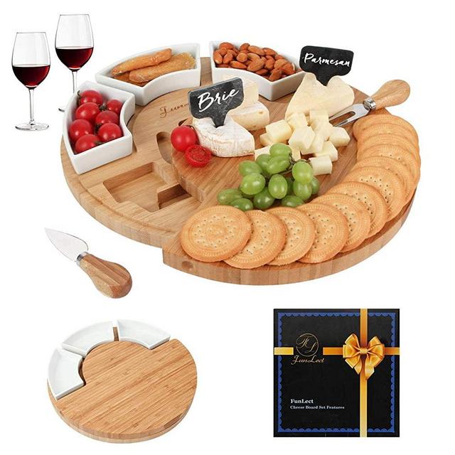 FunLect Bamboo Cheese Board Set – Serving Tray and Cheese Serving Platter. Round Cheese Board and Knife Set for Cracker and Brie. Large Charcuterie Board Set and Cheese Tray for Housewarming Gift