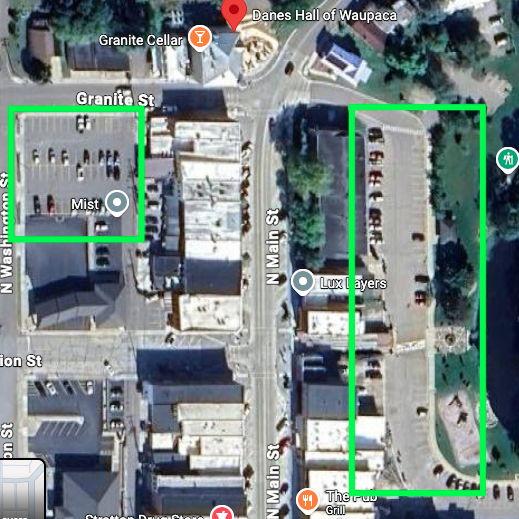 Map of free public parking lots for Danes Hall, which is indicated by the red arrow at the top of the photo.