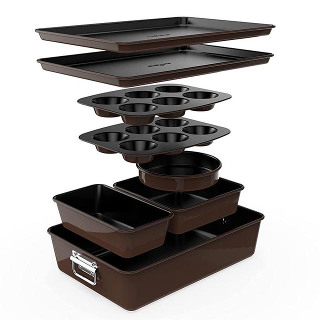 8-Piece Nonstick Stackable Bakeware Set - PFOA, PFOS, PTFE Free Baking Tray Set w/ Non-Stick Coating, 450°F Oven Safe, Round Cake, Loaf, Muffin, Wide/Square Pans, Cookie Sheet (Brown)