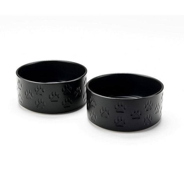 SPUNKYJUNKY Ceramic Dog and Cat Bowls 2 Pack, 6.1'' Dog and Cat Food Water Double Feeding Bowls Non-Slip for Large Sized Breed Microwave Dishwasher Safe - 28.7 OZ, 2pcs, Paw Black