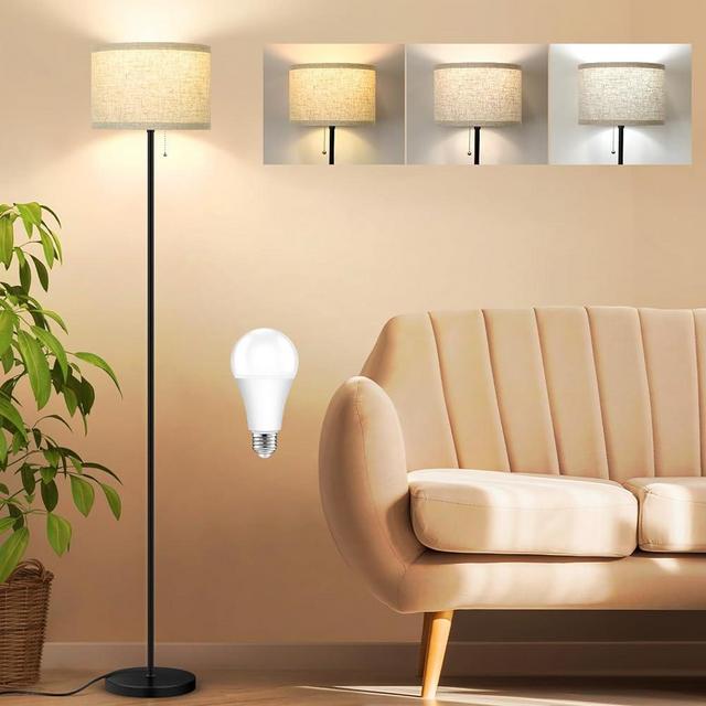 Floor Lamp for Bedroom with LED Bulb, Modern Standing Lamps for Living Room, 3 Color Temperature Simple Design Tall Lamps with Pull Chain Switch, Black Pole Lamp with Drum Lampshade for Office Reading