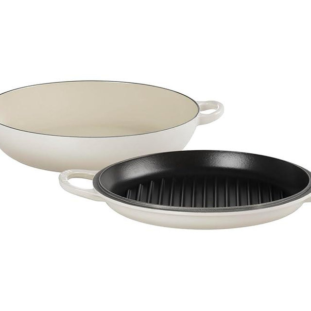 Le Creuset Enameled Cast Iron Multifunction Braiser with Grill Pan Lid, 3.5 qt., Meringue
