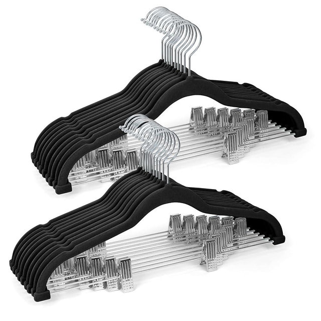 Sishynio 20 Pack Velvet Pants Hangers with Adjustable Clips, Heavy Duty Slim Non-Slip Flocked Hangers, Space-Saving Felt Clothes Hangers for Pants, Skirts, Jeans, and Dresses(Black)