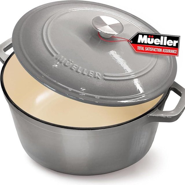 MÜELLERHOME 7.5 QT Enameled Cast Iron Dutch Oven, Heavy-Duty Casserole Dish and Braiser Pan with Lid and Stainless Knob, Safe for All Cooktops, Grey