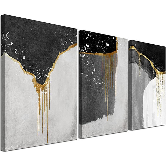 Loomarte 3 Piece Abstract Wall Art Black and White Wall Decor Modern Framed Black Gold Grey Bedroom Boho Paintings Print Picture Artwork for Bathroom Home Office Living Room decorations 16"x24"