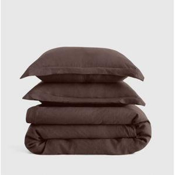 Queen European Linen Double Flange Duvet Cover Set in Espresso or Sand
