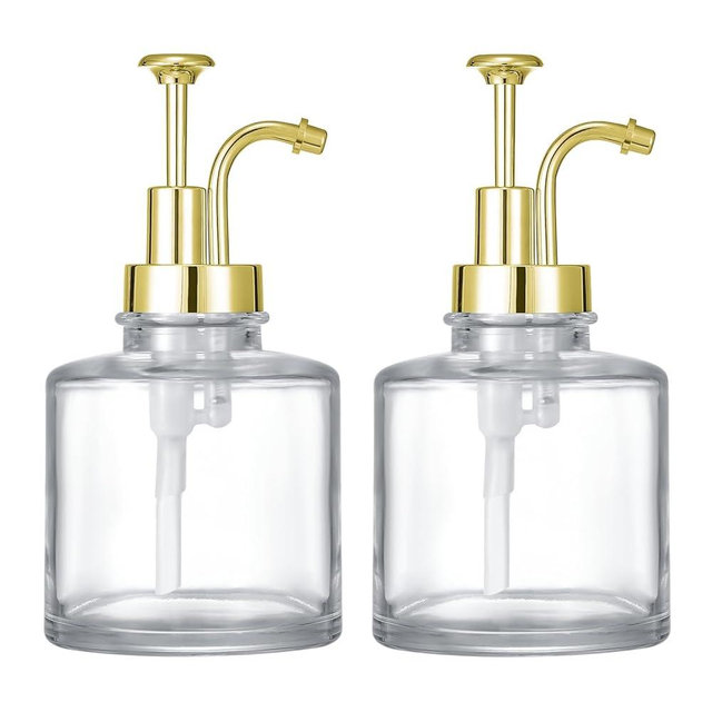 2 Pcs Thick Clear Glass Jar Soap Dispenser with Gold Pump, 12 oz Boston Round Bottles Dispenser with Pump, Coffee Syrup Dispenser Bar Accessories, Dish Soap Dispenser for Kitchen (Gold)
