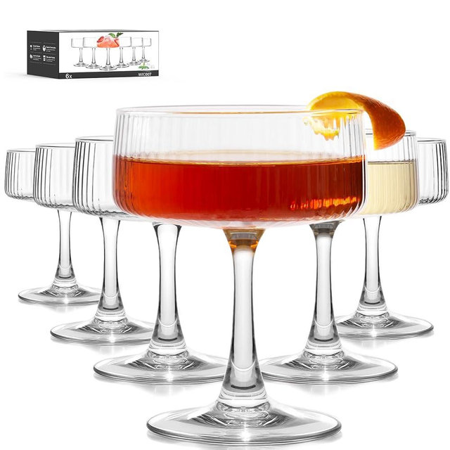 LUNA & MANTHA Coupe Glasses Set of 6, 10oz Ribbed Cocktail Glasses, Vintage Large Martini Glass for Espresso Martini, Margarita, Manhattan, Champagne, Drink Glassware & Gift