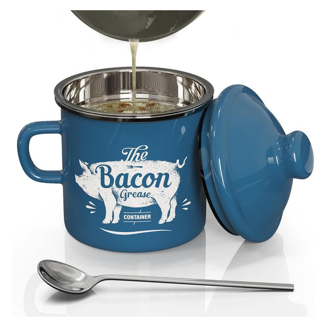 Mini Bacon Grease Container With Strainer, 15OZ Enamel Grease Saver for Kitchen Fat Storage Blue 15oz