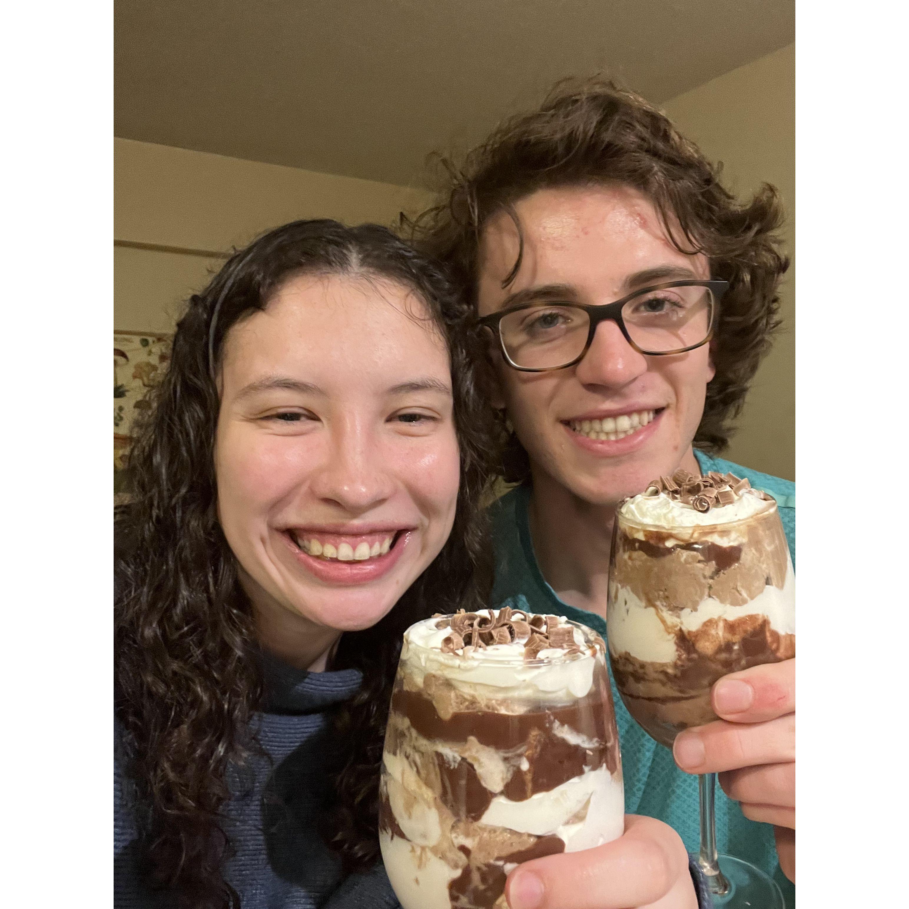 5th Aniversary. Ben made homemade mouse, ganache, and whip cream for the two to celebrate.