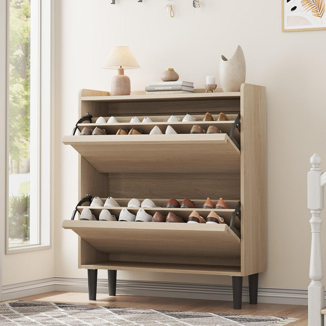Shoe Cabinet with 2 Flip Drawers, Modern Shoe Storage for Entryway, Wooden Shoe Organizer Cabinet with Adjustable Shelf, for Hallway, Natural