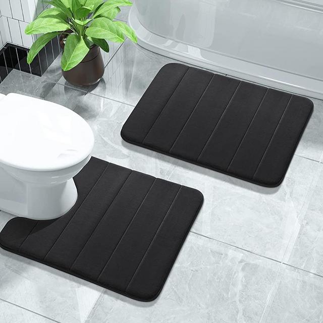 Yimobra Memory Foam Bath Mat Set, 2 Pieces Soft Bathroom Rugs,17x24 and 24x20.4 U-Shaped for Bathroom Rugs, Toilet Mats, Water Absorption, Non Slip , Thick, Dry Fast for Bathroom Floor Mats, Black