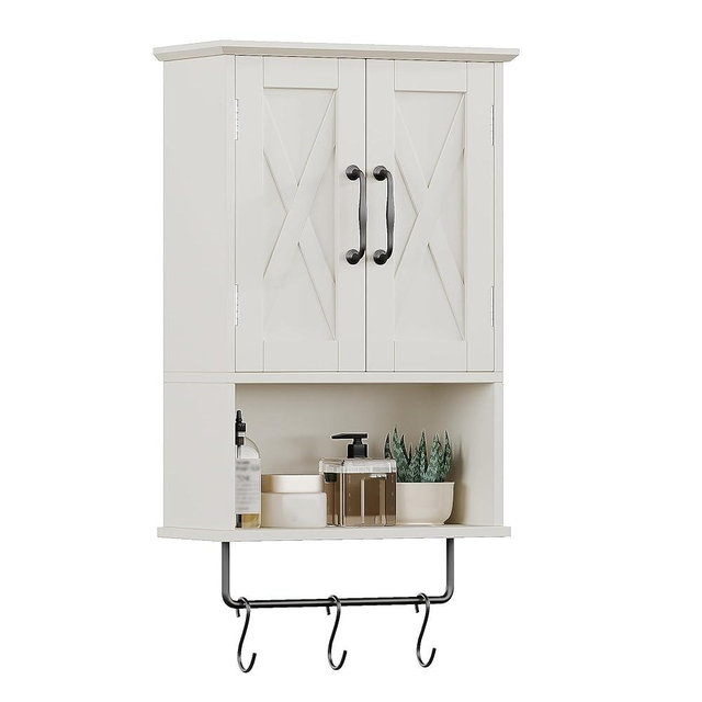 ChooChoo Farmhouse Medicine Cabinet, Bathroom Wall Cabinet with Adjustable Shelf, Towel Bar, 3 Hooks, Over The Toilet Storage Cabinet for Bathroom, Kitchen, White
