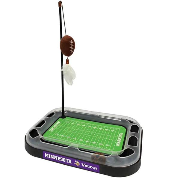NFL Minnesota Vikings Football Field Cat Scratcher With Catnip Filled Plush Football & Feather Toy Hanging, Jingle Bell Interactive Ball Chasing 5-in-1 Kitty Toy